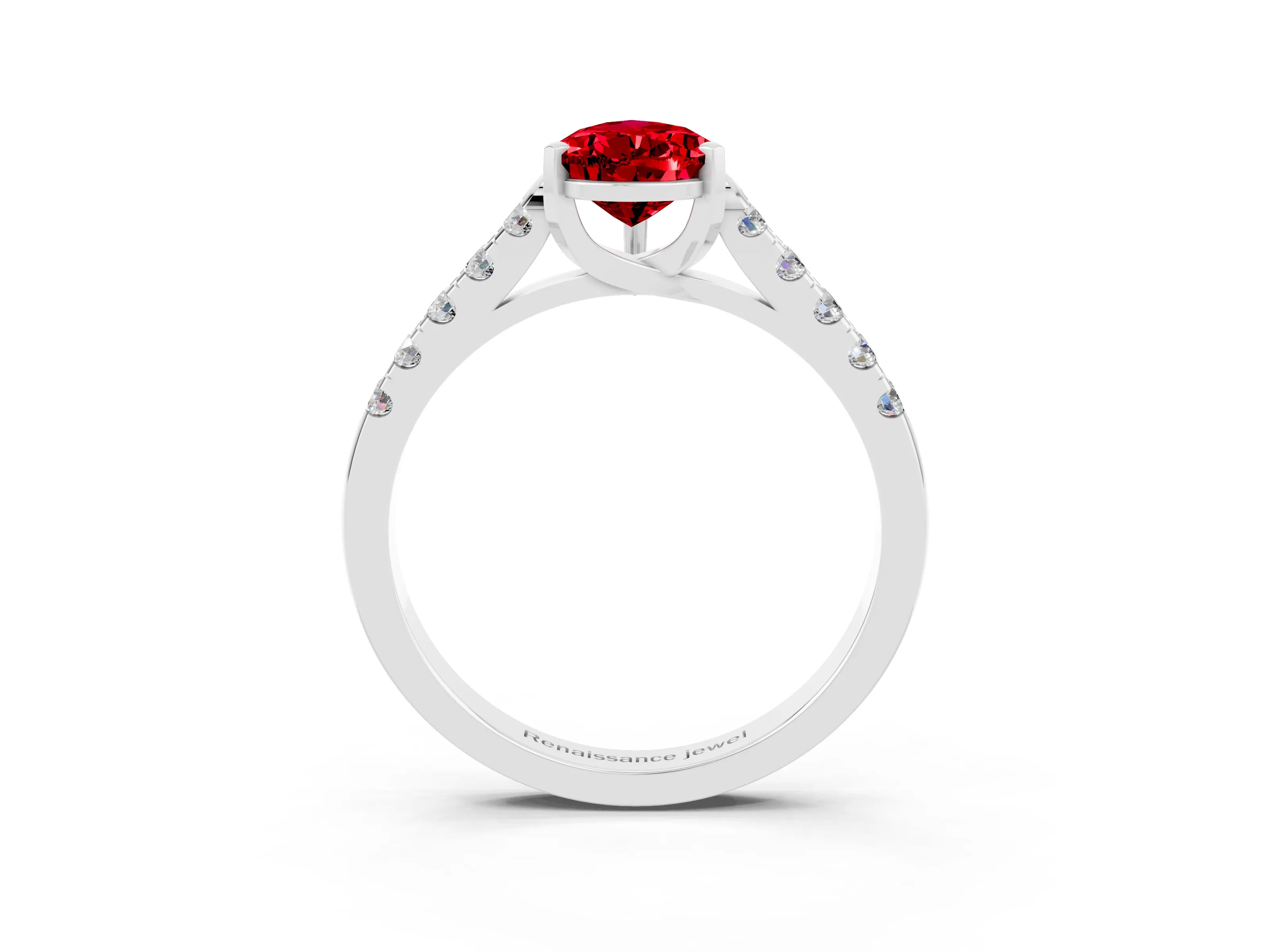 White gold {shape_name} Ruby Solitaire Ring with Pavé Band and Four-Prong Setting_3