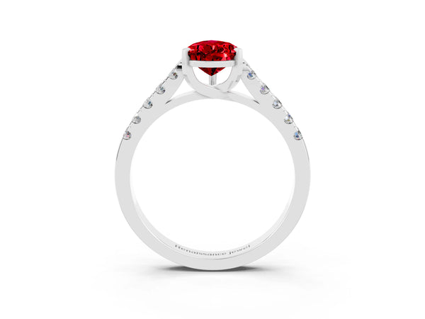 Silver Pear Cut Ruby Pavé Band Solitaire Ring with Prong Setting
