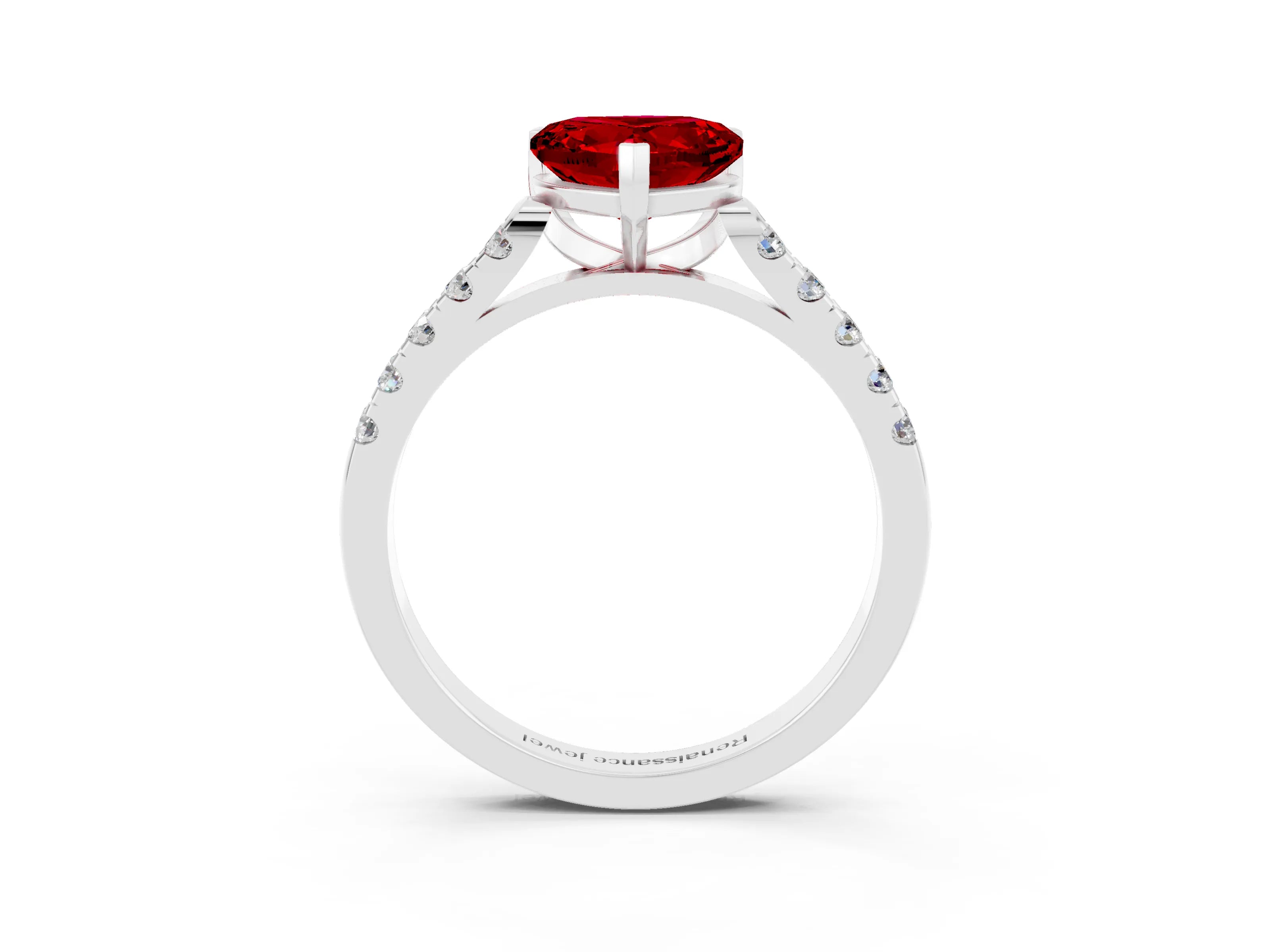 White gold {shape_name} Ruby Solitaire Ring with Pavé Band and Four-Prong Setting_3