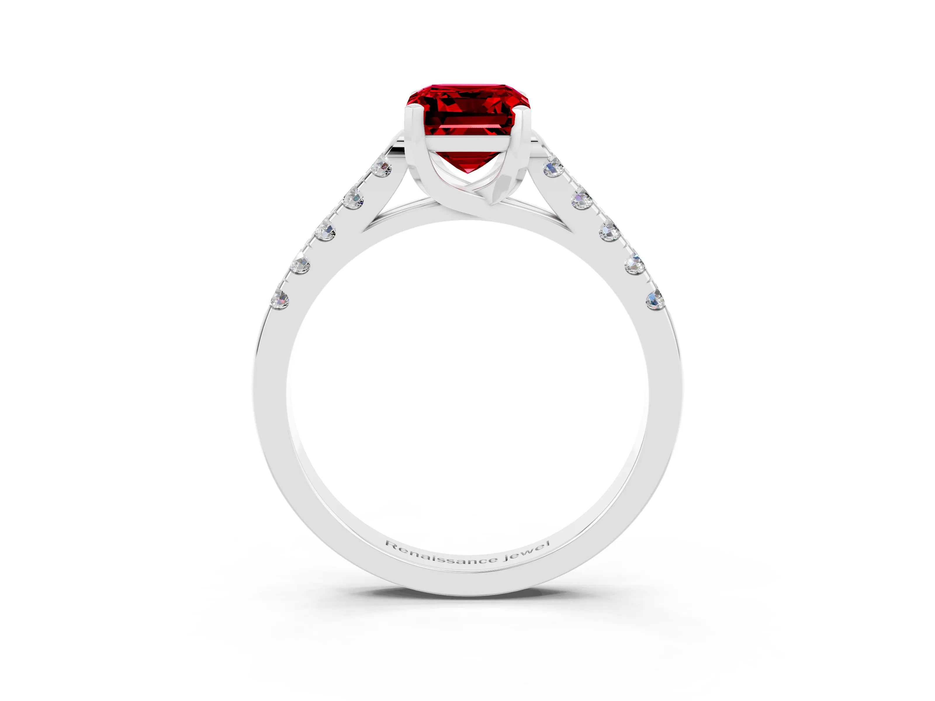 White gold {shape_name} Ruby Solitaire Ring with Pavé Band and Four-Prong Setting_3