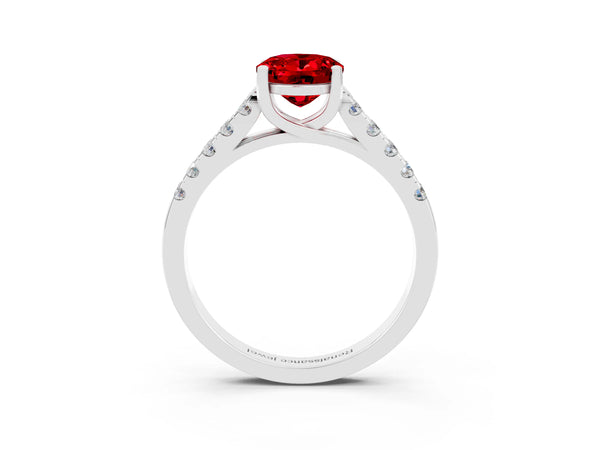 Platinum Oval Cut Ruby Pavé Band Solitaire Ring with Prong Setting