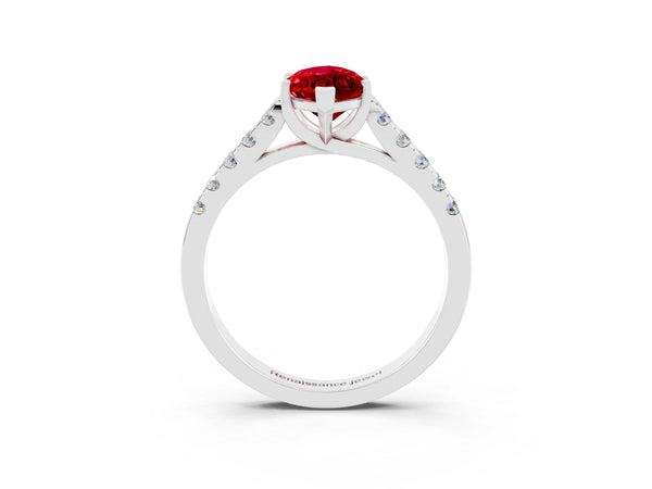 Silver Marquise Cut Ruby Pavé Band Solitaire Ring with Prong Setting