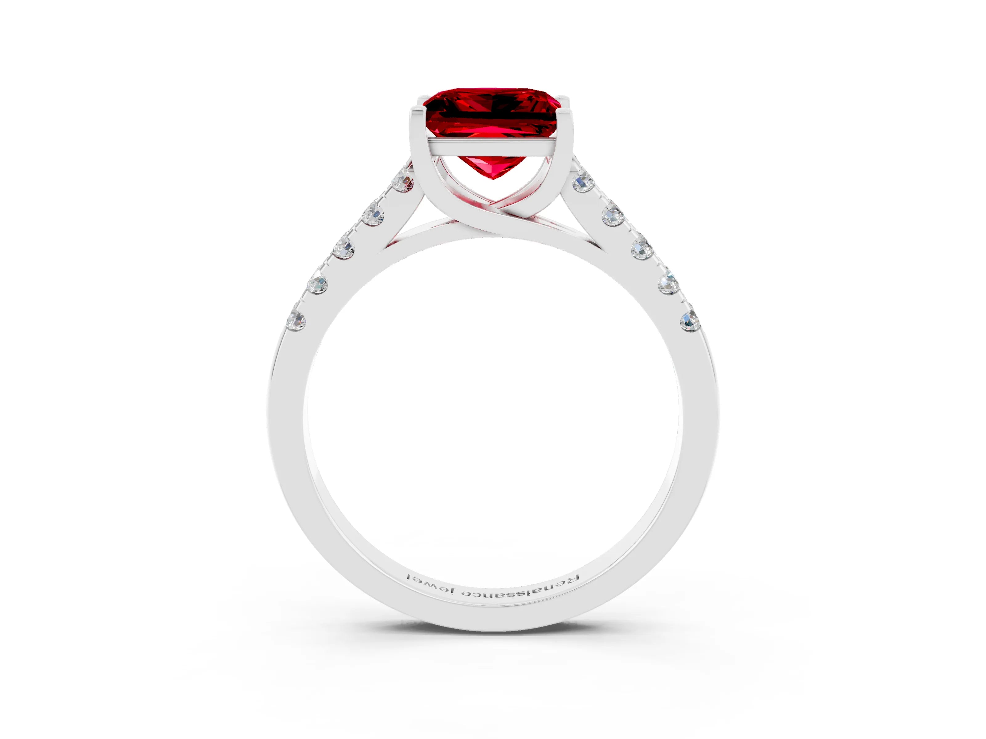 White gold {shape_name} Ruby Solitaire Ring with Pavé Band and Four-Prong Setting_3