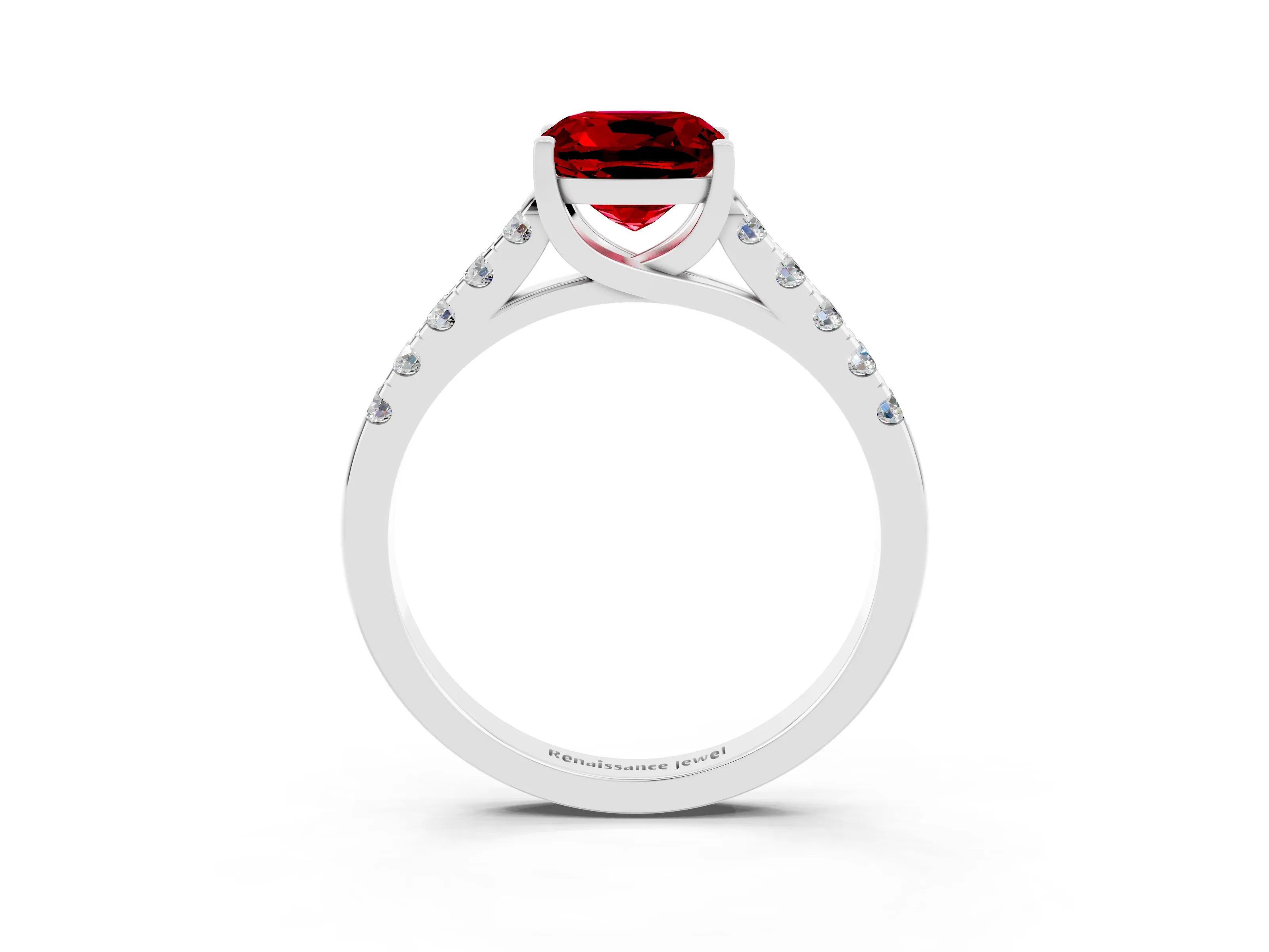 White gold {shape_name} Ruby Solitaire Ring with Pavé Band and Four-Prong Setting_3