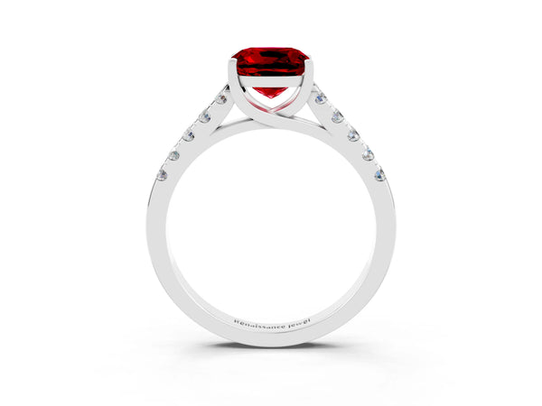 Platinum Cushion Cut Ruby Pavé Band Solitaire Ring with Prong Setting