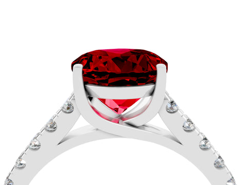 White gold {shape_name} Ruby Solitaire Ring with Pavé Band and Four-Prong Setting_4