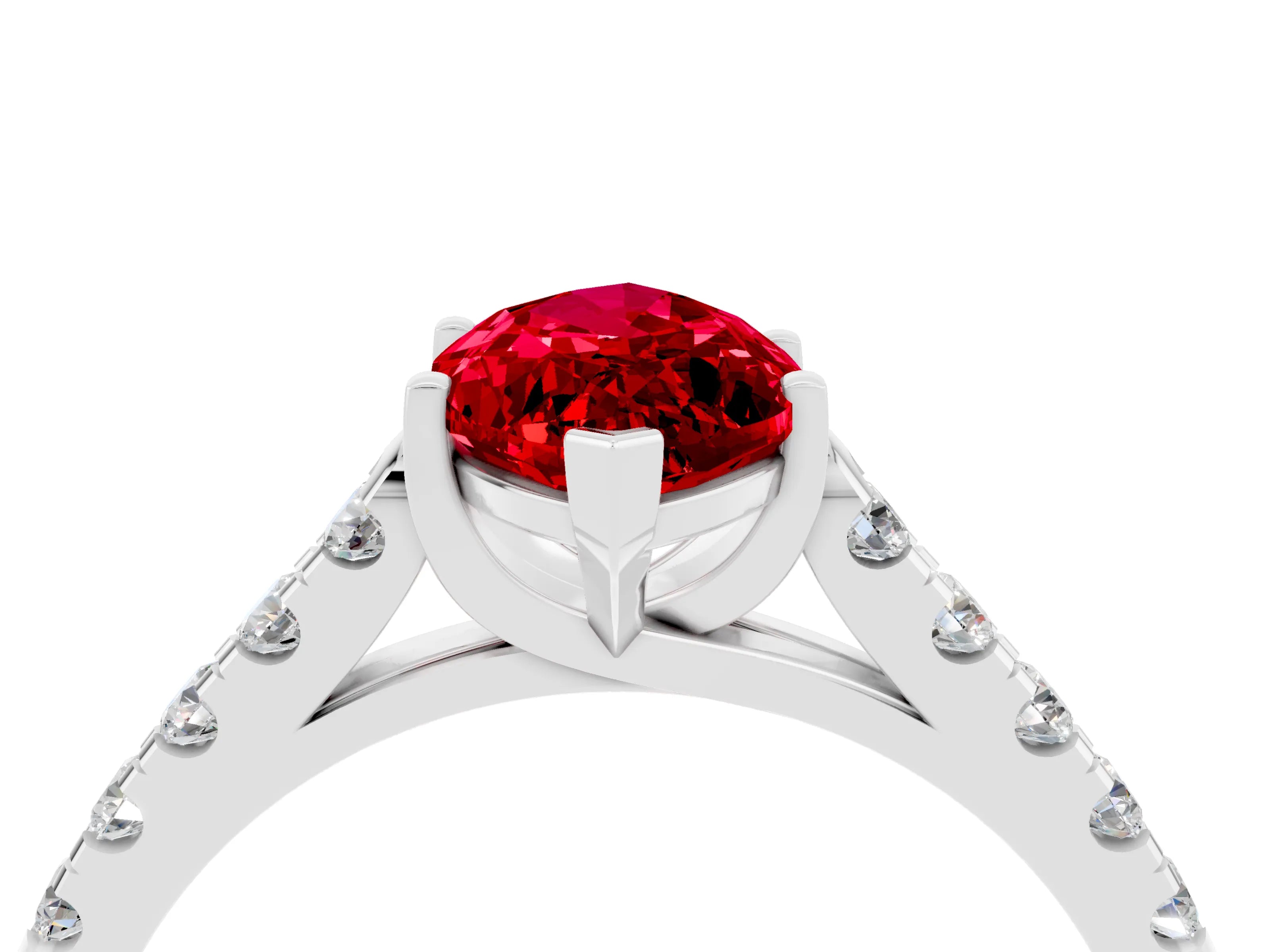 White gold {shape_name} Ruby Solitaire Ring with Pavé Band and Four-Prong Setting_4