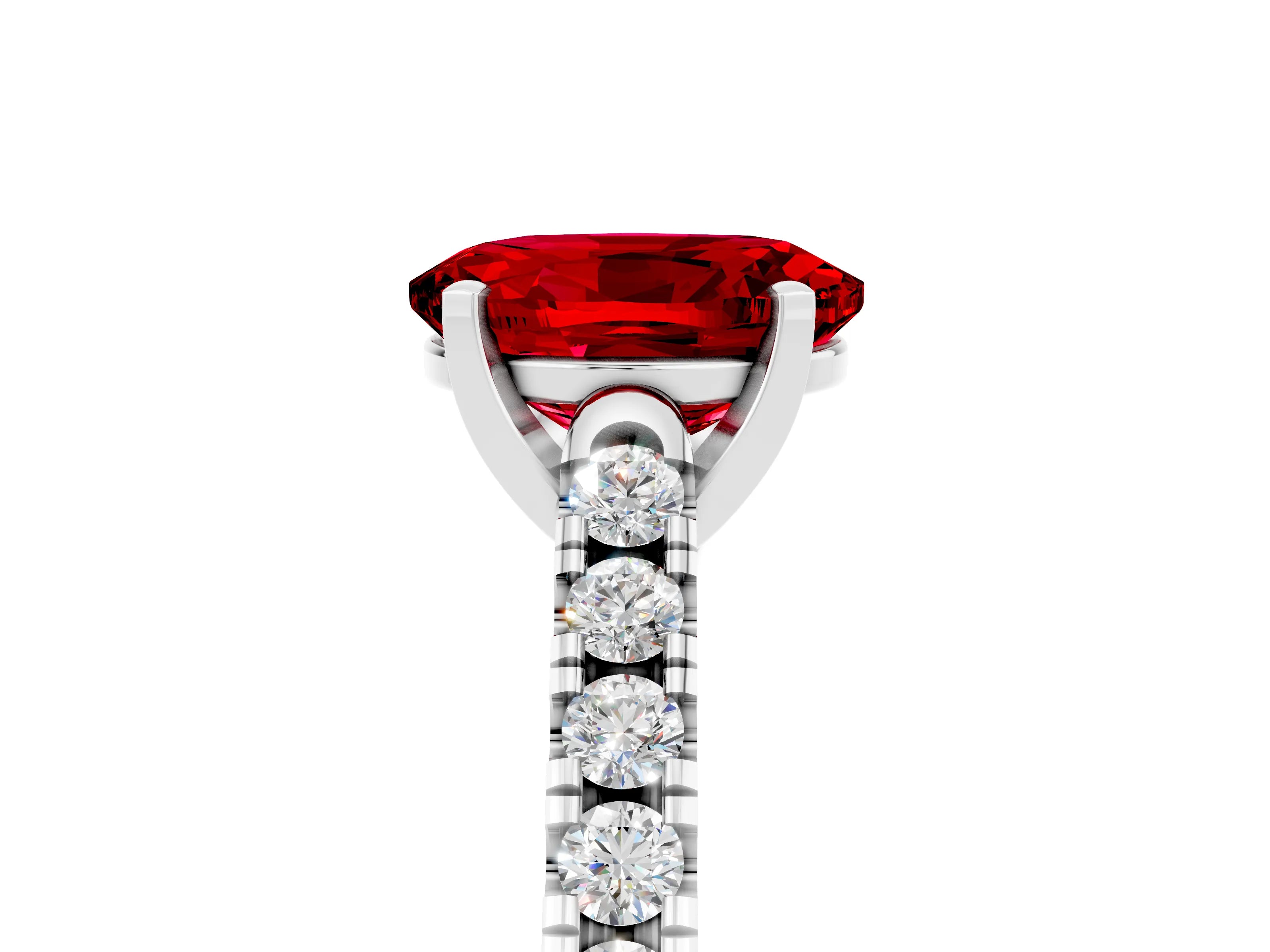 White gold {shape_name} Ruby Solitaire Ring with Pavé Band and Four-Prong Setting_5