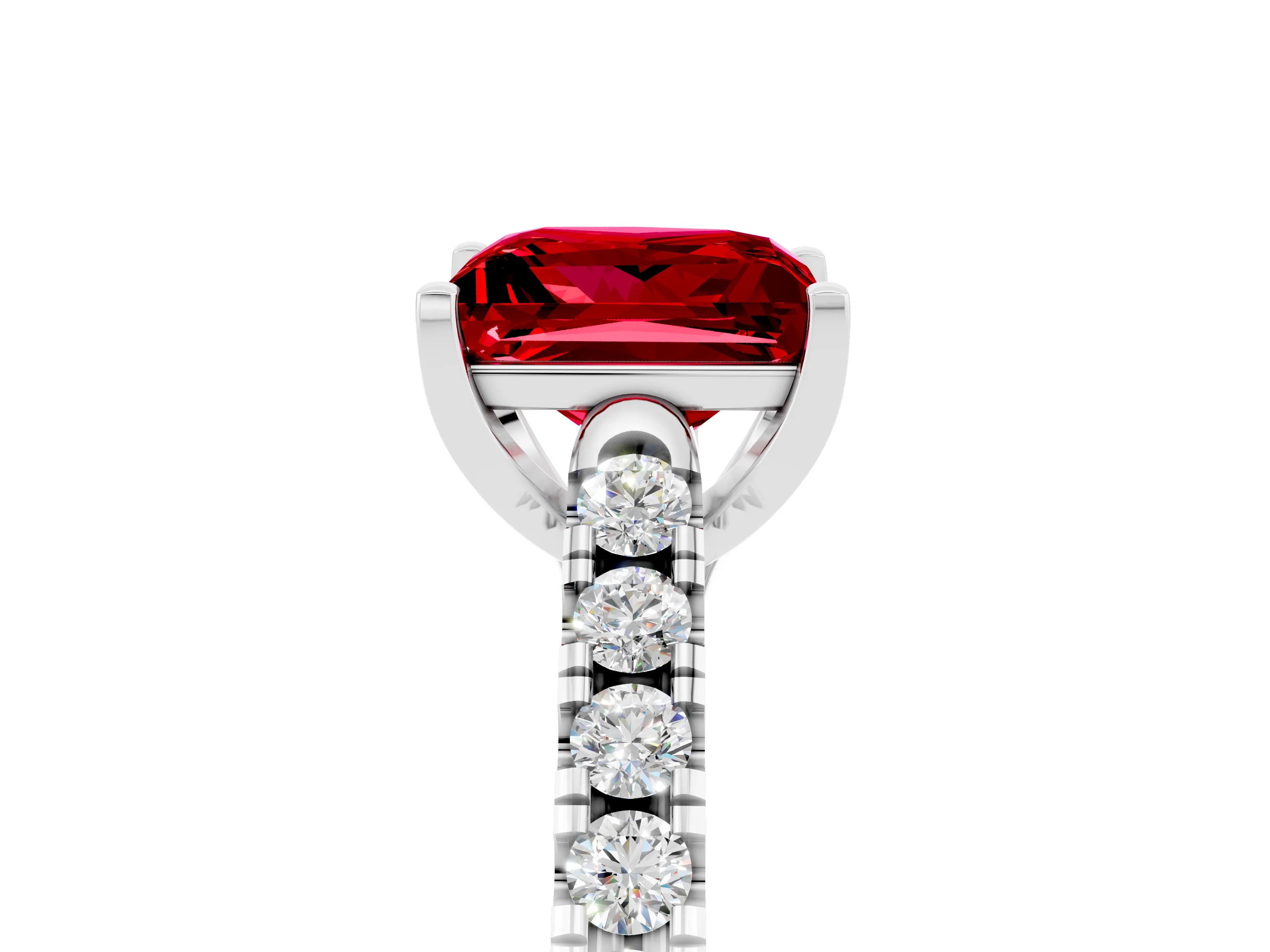 White gold {shape_name} Ruby Solitaire Ring with Pavé Band and Four-Prong Setting_5