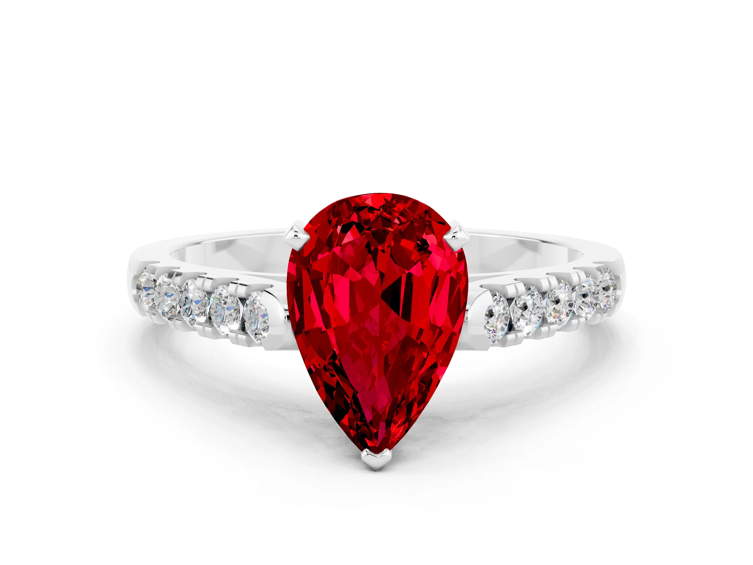 White gold {shape_name} Ruby Solitaire Ring with Pavé Band and Four-Prong Setting