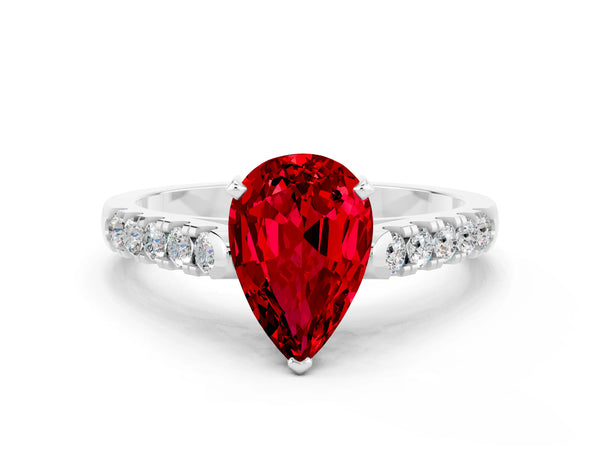 Silver Pear Cut Ruby Pavé Band Solitaire Ring with Prong Setting