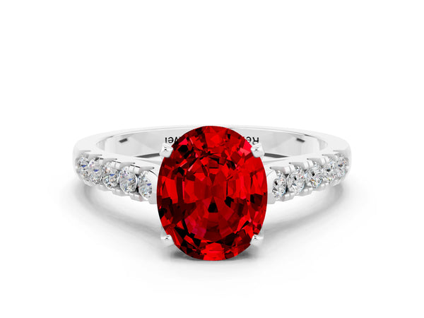 Silver Oval Cut Ruby Pavé Band Solitaire Ring with Prong Setting