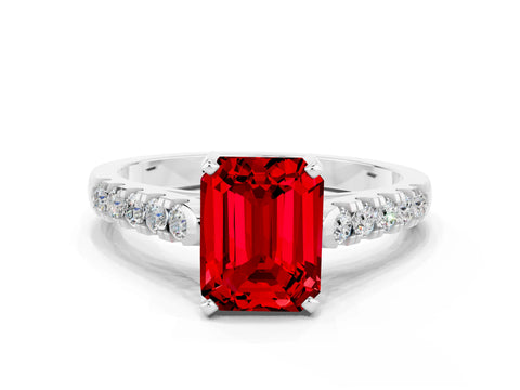 White gold {shape_name} Ruby Solitaire Ring with Pavé Band and Four-Prong Setting