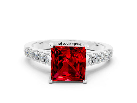 White gold {shape_name} Ruby Solitaire Ring with Pavé Band and Four-Prong Setting