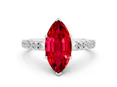 White gold {shape_name} Ruby Solitaire Ring with Pavé Band and Four-Prong Setting