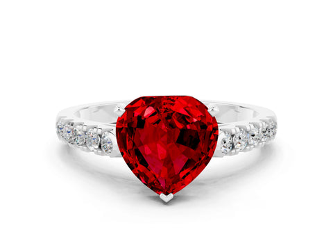 White gold {shape_name} Ruby Solitaire Ring with Pavé Band and Four-Prong Setting