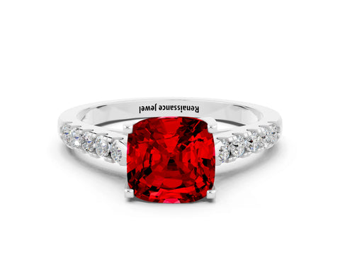 White gold {shape_name} Ruby Solitaire Ring with Pavé Band and Four-Prong Setting