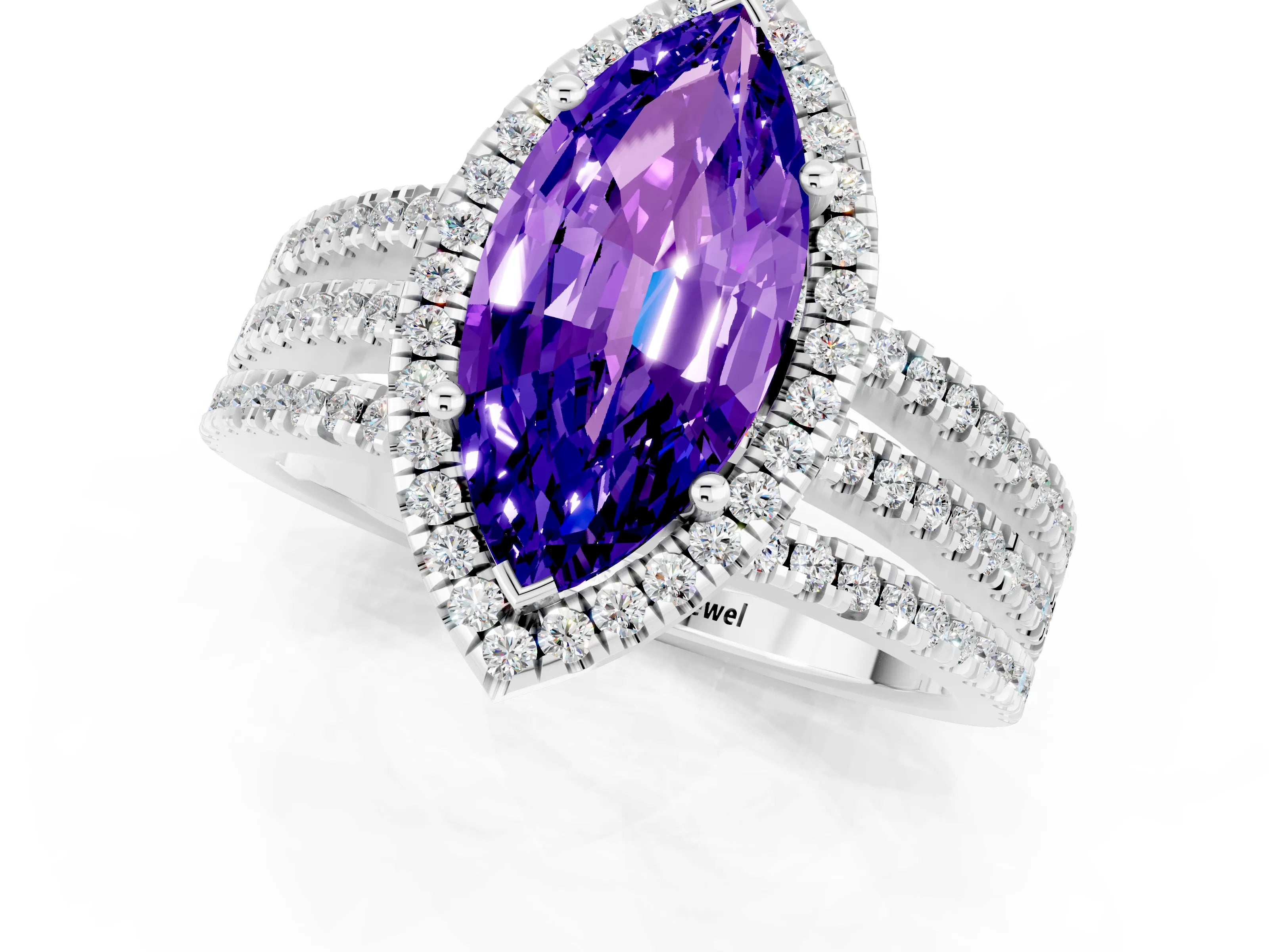 White gold {shape_name} Tanzanite Halo Engagement Ring with Split Shank and Four-Prong Setting_1