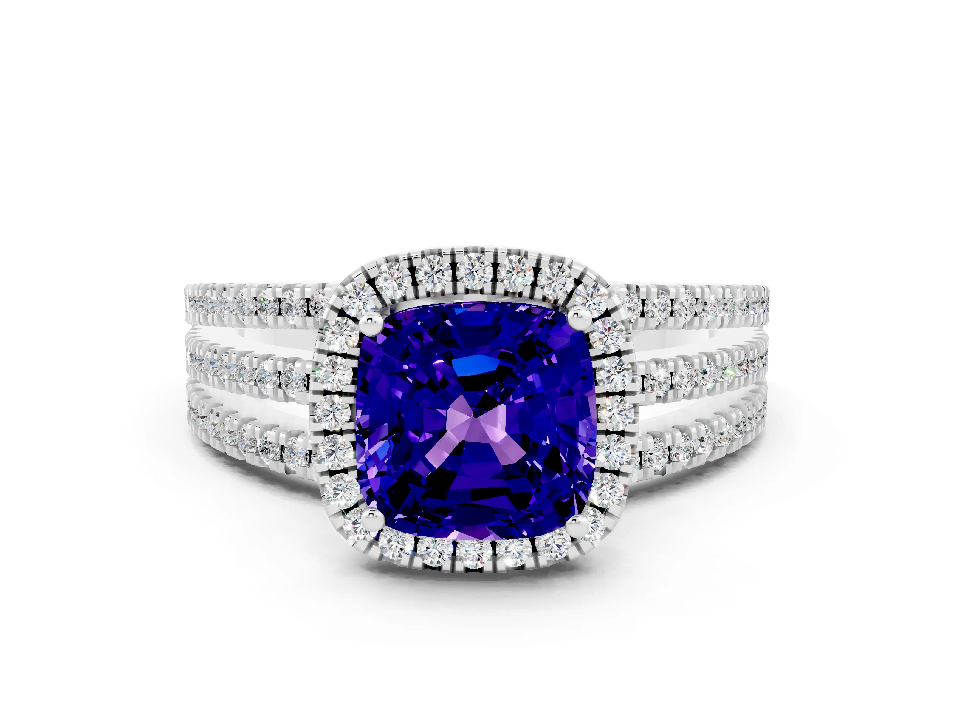 White gold {shape_name} Tanzanite Halo Engagement Ring with Split Shank and Four-Prong Setting_12