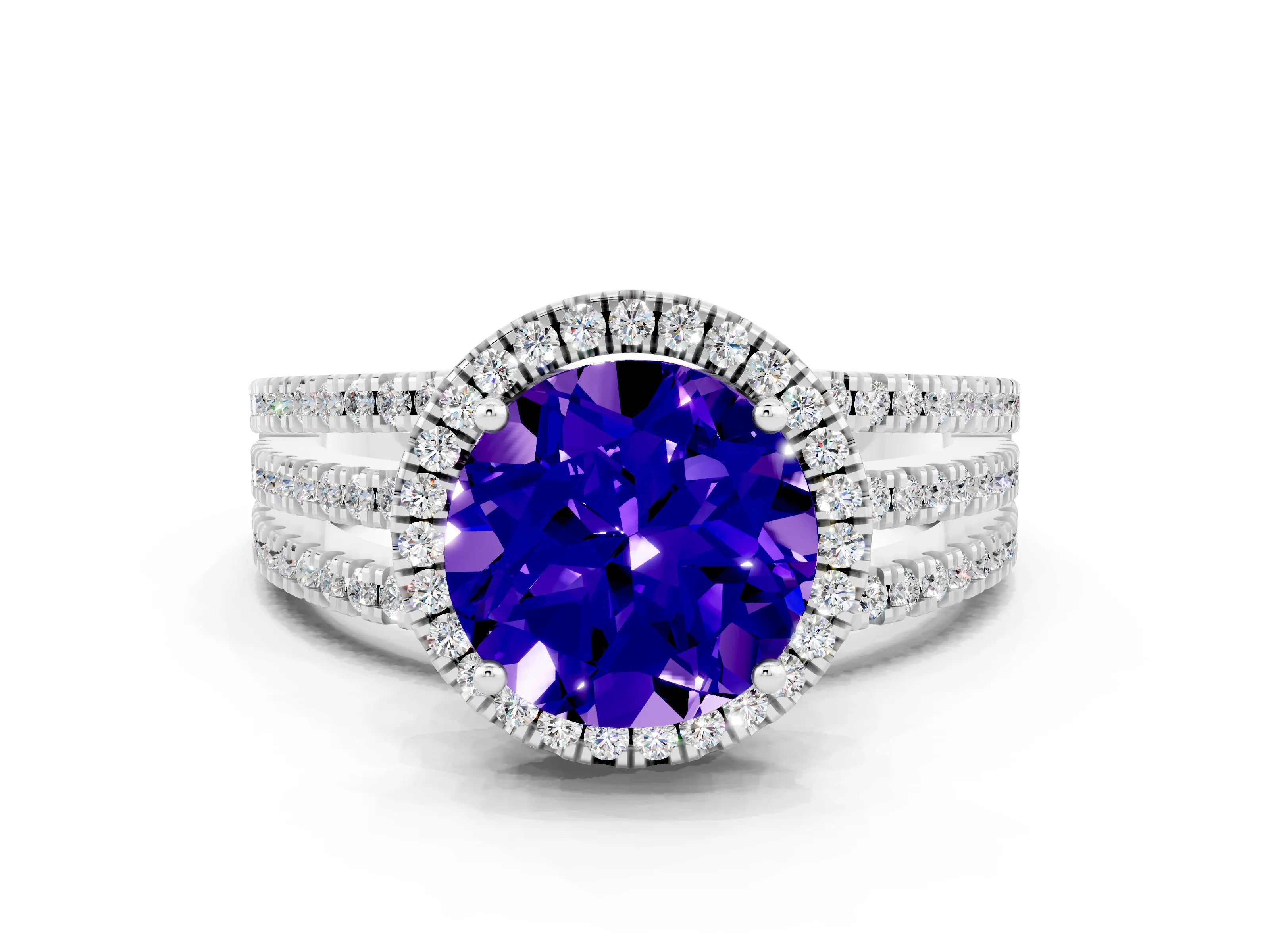 White gold {shape_name} Tanzanite Halo Engagement Ring with Split Shank and Four-Prong Setting_12