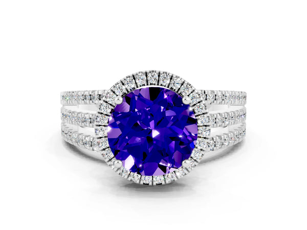 White gold Round Cut Tanzanite Halo Engagement Ring with Split Shank and Four-Prong Setting