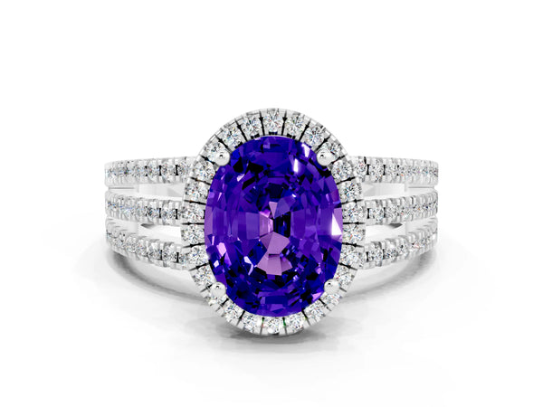 White gold Oval Cut Tanzanite Halo Engagement Ring with Split Shank and Four-Prong Setting