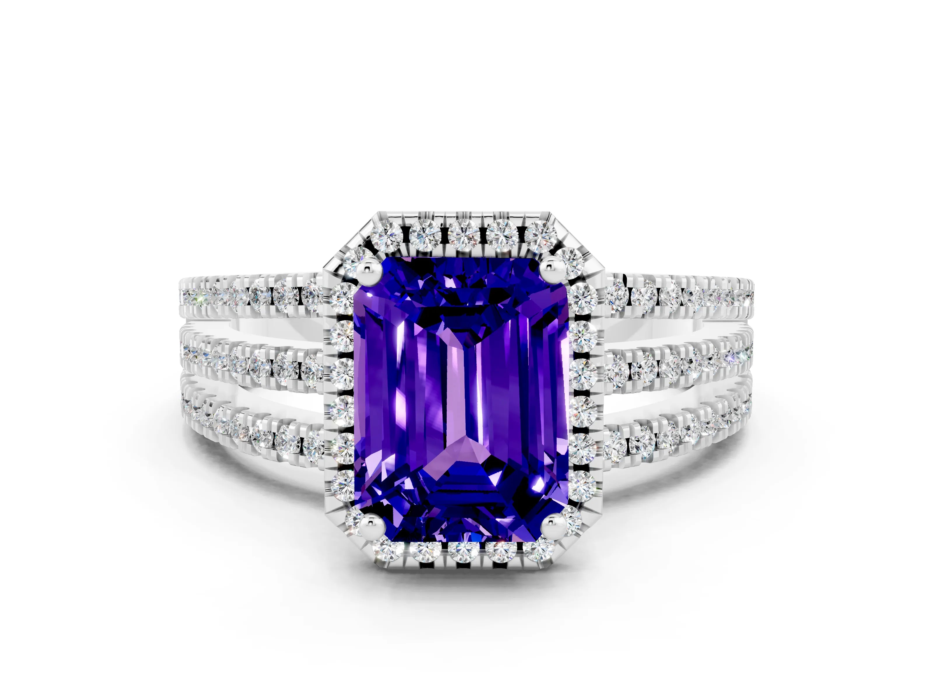 White gold {shape_name} Tanzanite Halo Engagement Ring with Split Shank and Four-Prong Setting_12