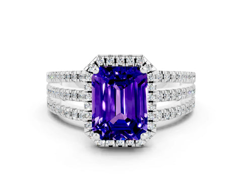 White gold {shape_name} Tanzanite Halo Engagement Ring with Split Shank and Four-Prong Setting_12