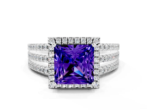 White gold {shape_name} Tanzanite Halo Engagement Ring with Split Shank and Four-Prong Setting_12