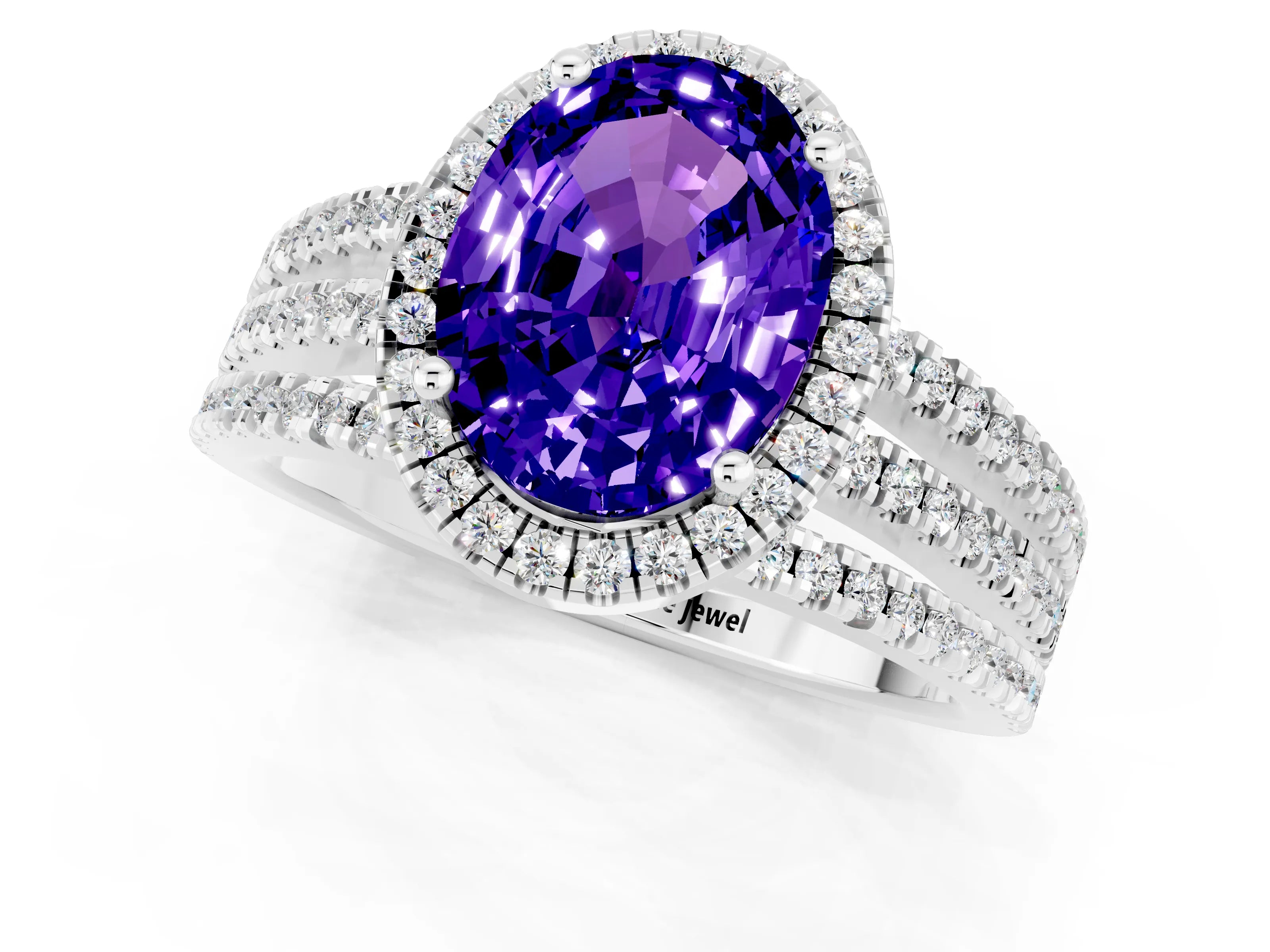 White gold {shape_name} Tanzanite Halo Engagement Ring with Split Shank and Four-Prong Setting_13