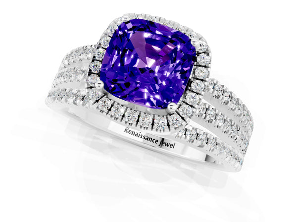 White gold Cushion Cut Tanzanite Halo Engagement Ring with Split Shank and Four-Prong Setting