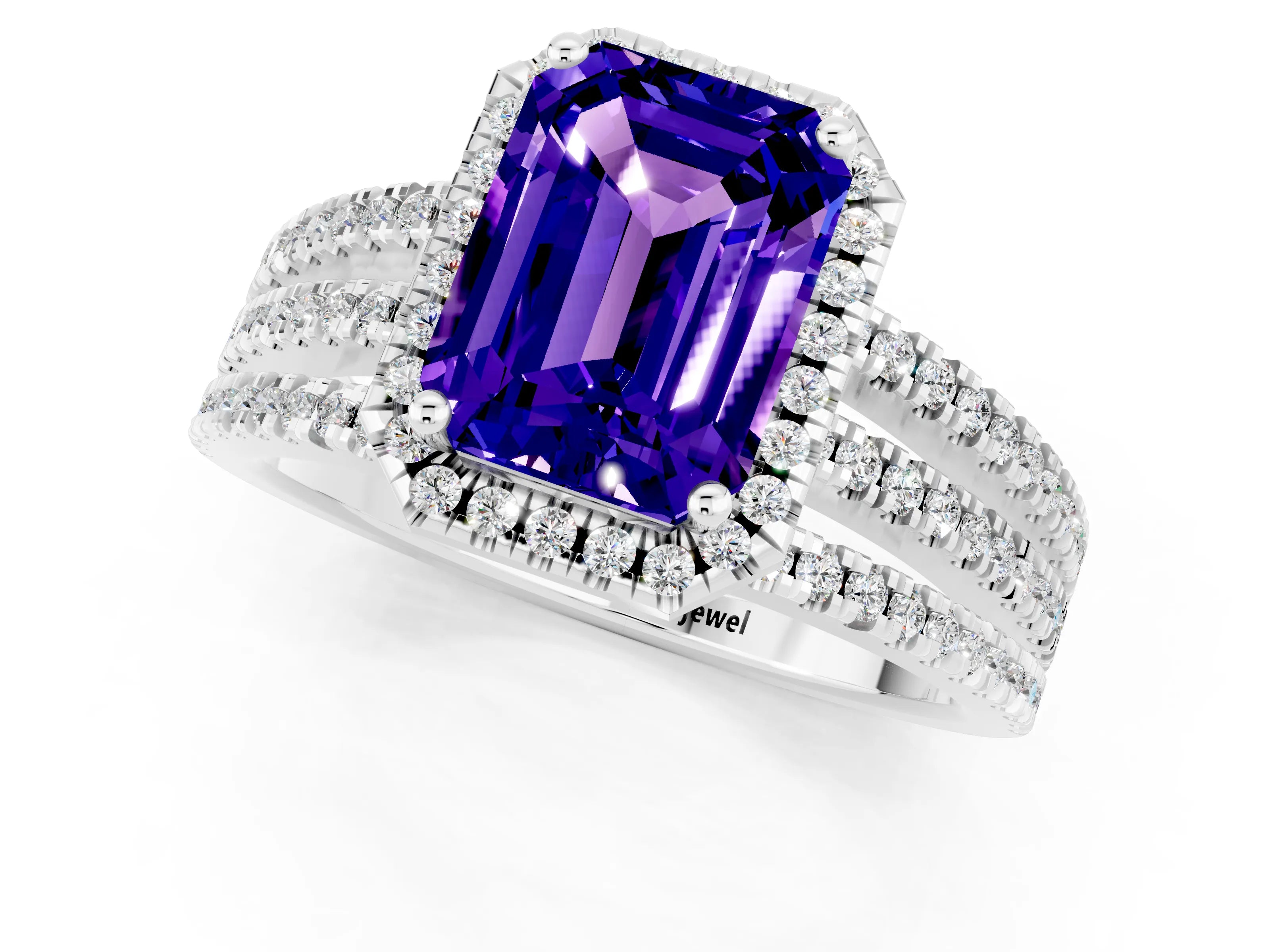 White gold {shape_name} Tanzanite Halo Engagement Ring with Split Shank and Four-Prong Setting_13