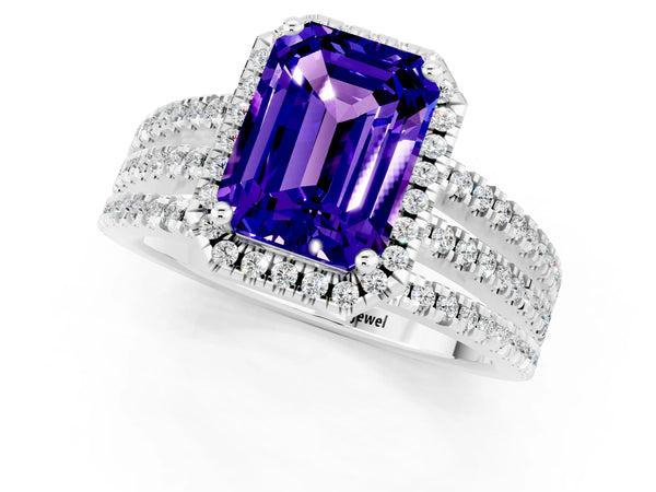 White gold Emerald Cut Tanzanite Halo Engagement Ring with Split Shank and Four-Prong Setting