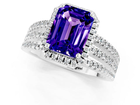 White gold {shape_name} Tanzanite Halo Engagement Ring with Split Shank and Four-Prong Setting_13