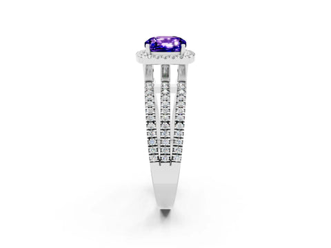 White gold {shape_name} Tanzanite Halo Engagement Ring with Split Shank and Four-Prong Setting_14