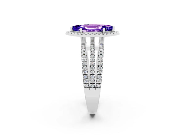 White gold Marquise Cut Tanzanite Halo Engagement Ring with Split Shank and Four-Prong Setting