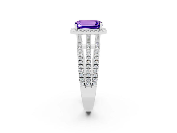 White gold Emerald Cut Tanzanite Halo Engagement Ring with Split Shank and Four-Prong Setting