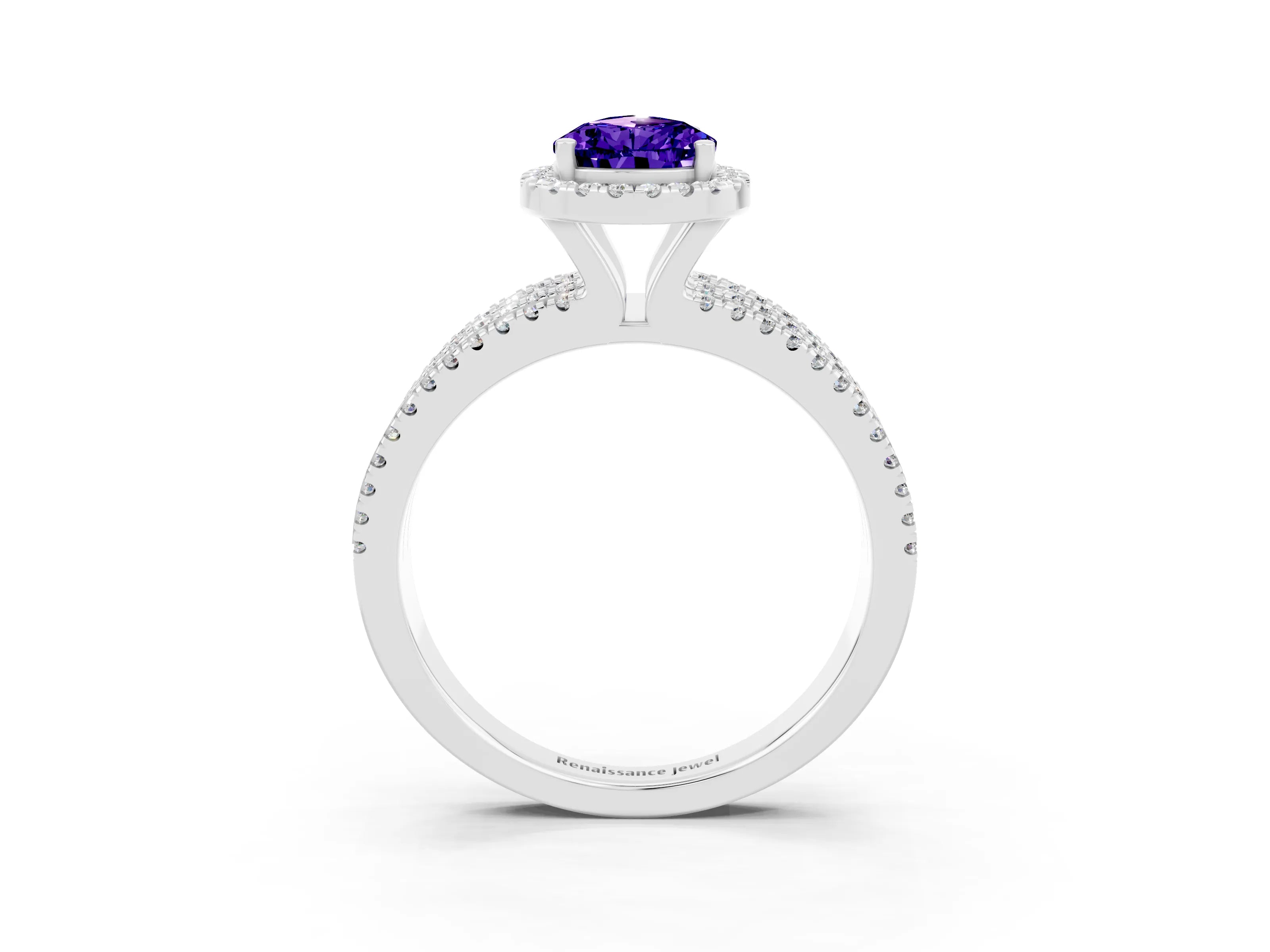 White gold {shape_name} Tanzanite Halo Engagement Ring with Split Shank and Four-Prong Setting_15