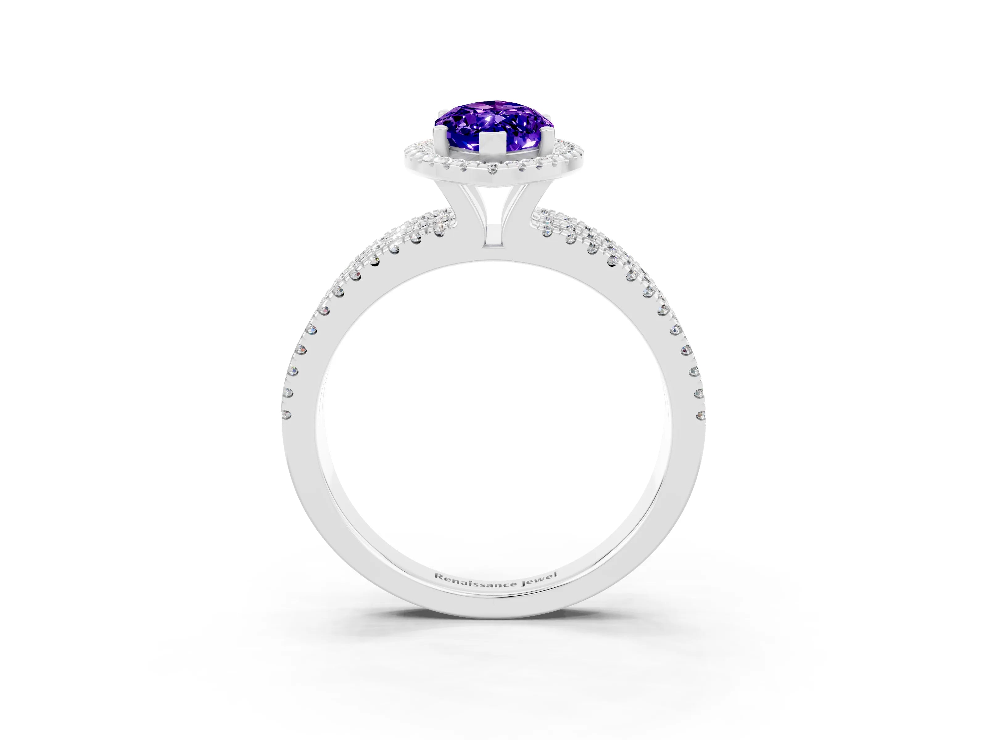 White gold {shape_name} Tanzanite Halo Engagement Ring with Split Shank and Four-Prong Setting_15