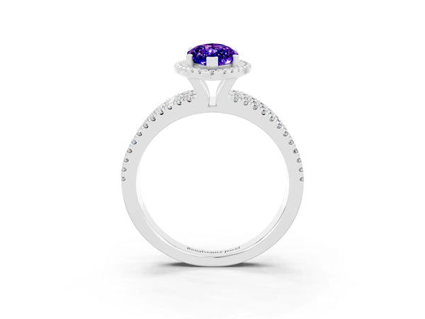 White gold Marquise Cut Tanzanite Halo Engagement Ring with Split Shank and Four-Prong Setting