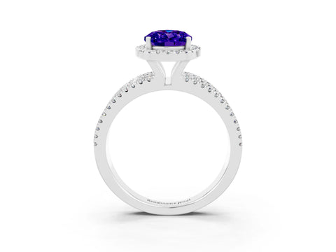 White gold {shape_name} Tanzanite Halo Engagement Ring with Split Shank and Four-Prong Setting_15