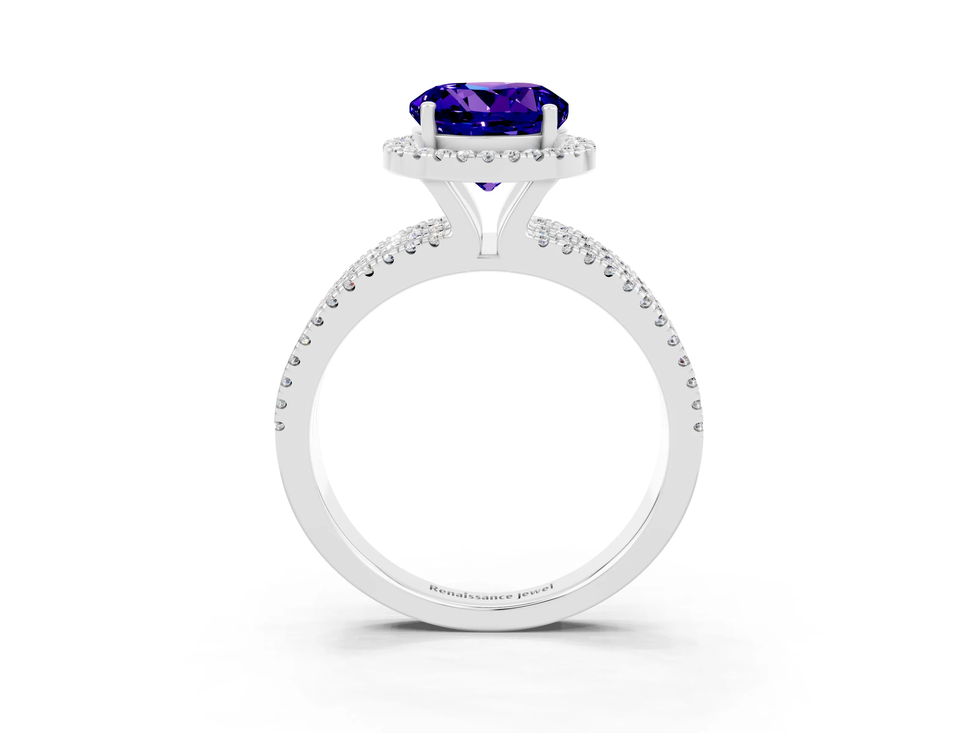 White gold {shape_name} Tanzanite Halo Engagement Ring with Split Shank and Four-Prong Setting_15