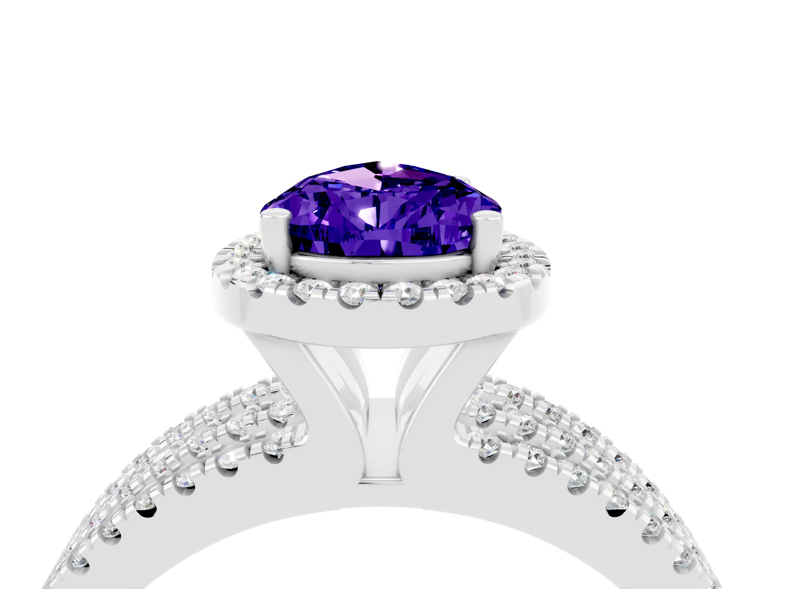 White gold {shape_name} Tanzanite Halo Engagement Ring with Split Shank and Four-Prong Setting_16