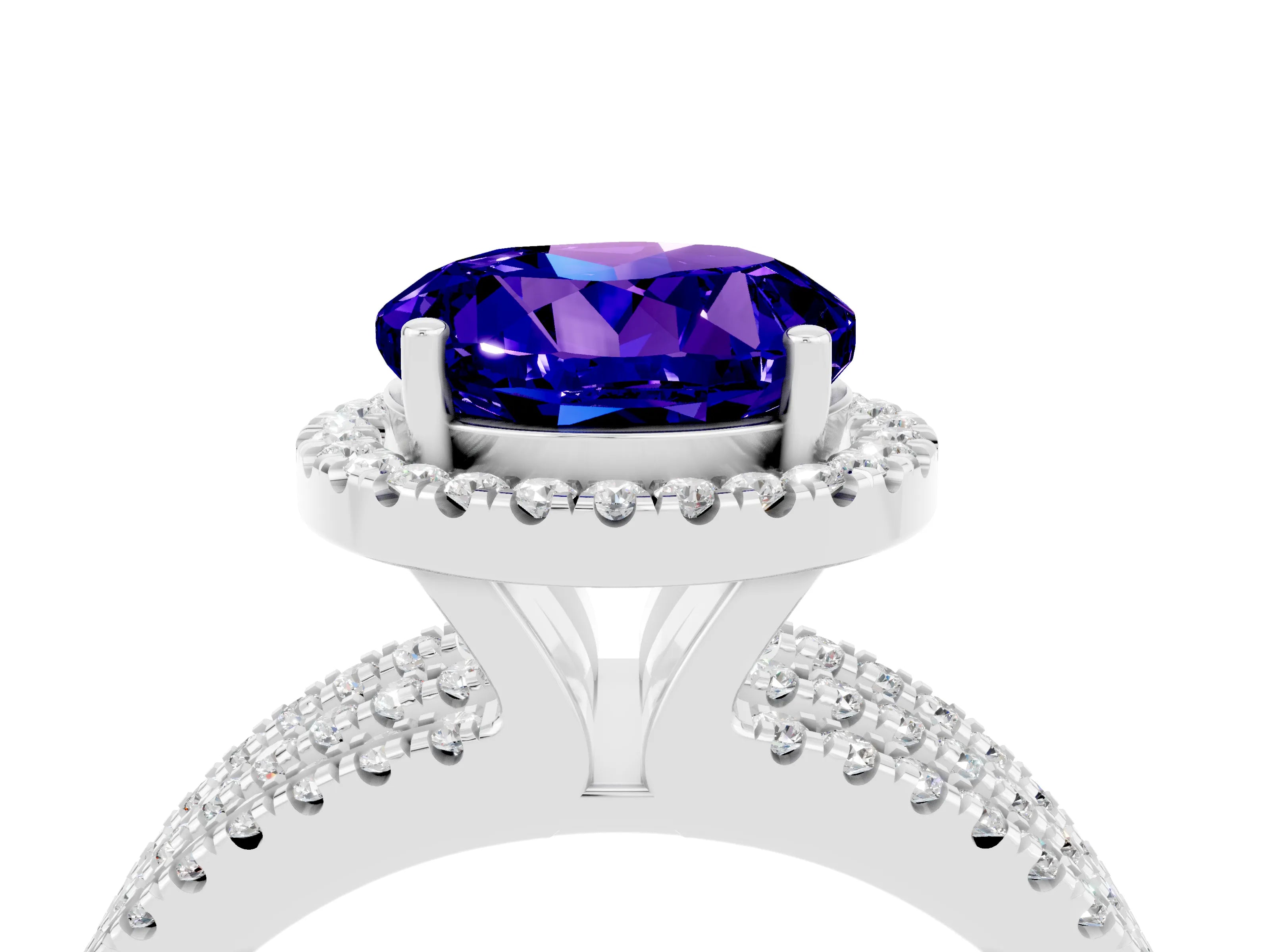 White gold {shape_name} Tanzanite Halo Engagement Ring with Split Shank and Four-Prong Setting_16