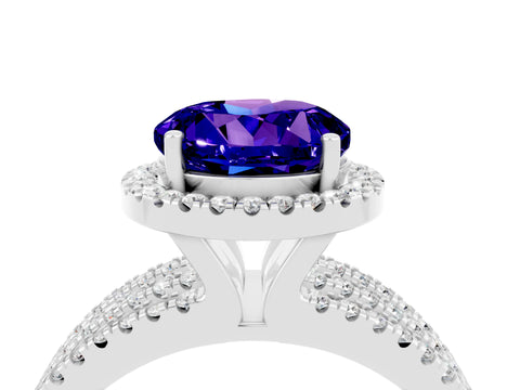 White gold {shape_name} Tanzanite Halo Engagement Ring with Split Shank and Four-Prong Setting_16
