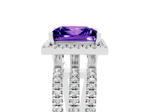 White gold {shape_name} Tanzanite Halo Engagement Ring with Split Shank and Four-Prong Setting_17