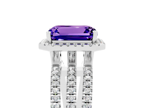 White gold {shape_name} Tanzanite Halo Engagement Ring with Split Shank and Four-Prong Setting_17
