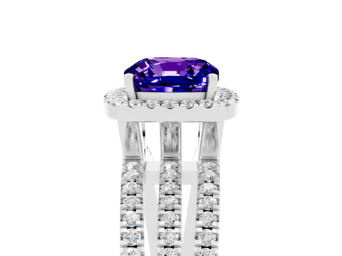 White gold {shape_name} Tanzanite Halo Engagement Ring with Split Shank and Four-Prong Setting_17