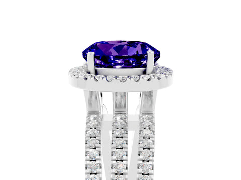 White gold {shape_name} Tanzanite Halo Engagement Ring with Split Shank and Four-Prong Setting_17
