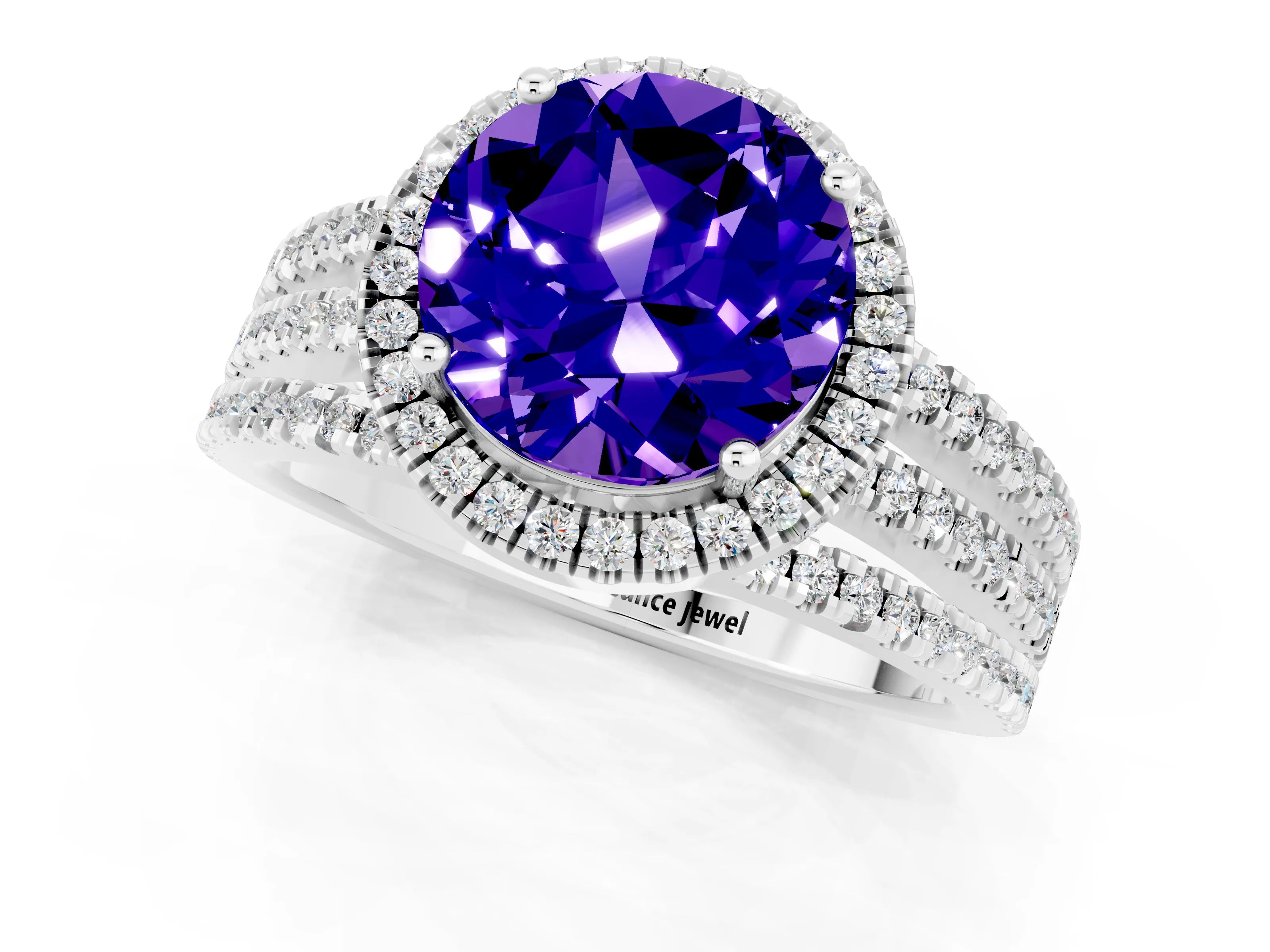 White gold {shape_name} Tanzanite Halo Engagement Ring with Split Shank and Four-Prong Setting_1